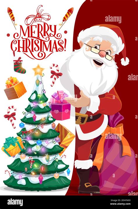 Santa Claus And Paper With Merry Christmas Wishes Vector Xmas Tree