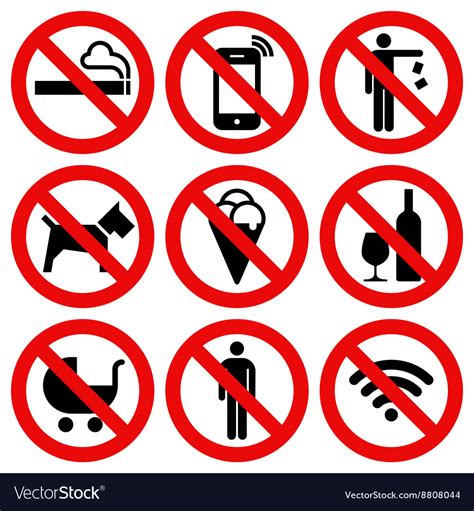 A prohibition sign is a safety sign prohibiting behaviour likely to cause a risk to health and safety. Prohibited signs Royalty Free Vector Image - VectorStock