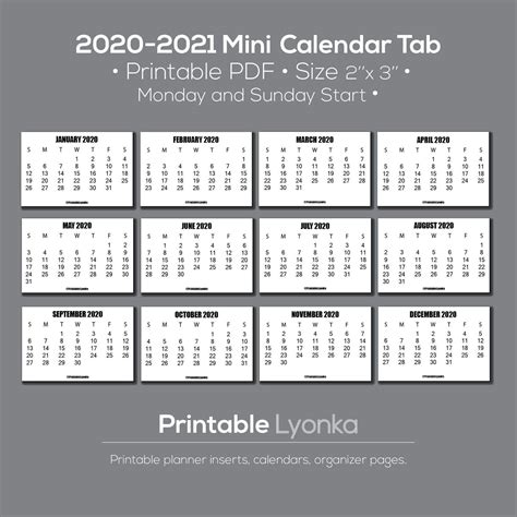 2 X 3 Inch Mini Calendar 2020 2021 Small Printable Etsy Large Desk