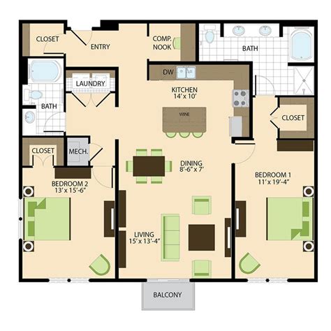 2 Bedroom Floor Plans Luxury Apartment Living In Downtown