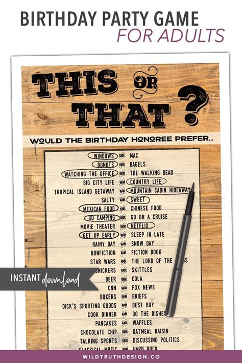 A Birthday Party Game For Adults With The Wordsthis Or That Would