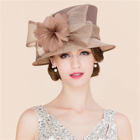 women elegant linen wedding hats wide brim women brown summer floral cap feather kentucky derby