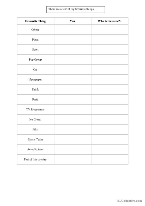 my favourite things warmer filler … english esl worksheets pdf and doc