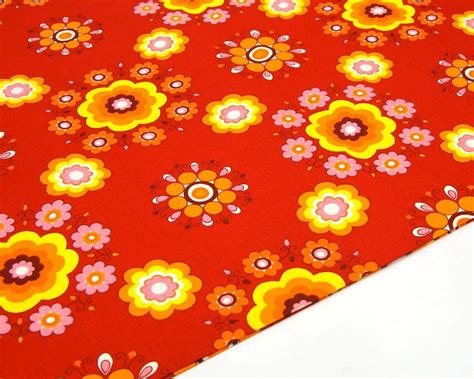 70s Vintage Fabric By The Yard Red Cotton Fabric Retro Fabric By