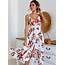 Summer Casual Floral Printed Lace Splicing Strappy V Neck Midi Dress 