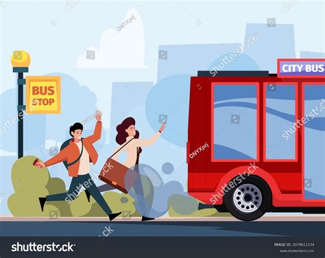 Late Bus Running Business People Stop Stock Vector Royalty Free
