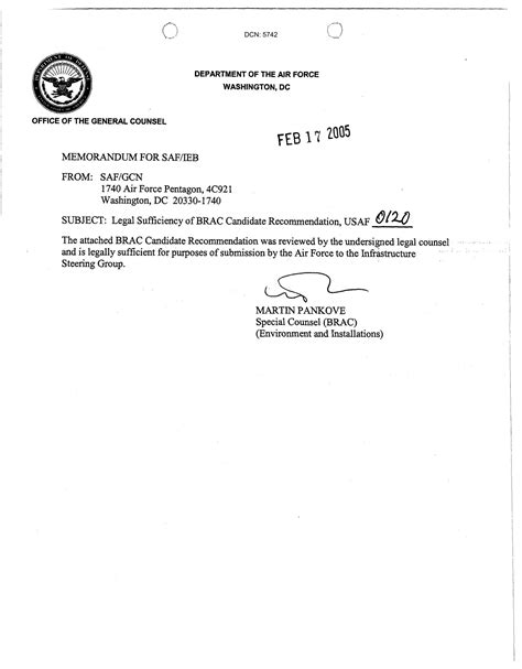 General Counsel Legal Sufficiency Letter Usaf 0120 433 Page 1 Of 1
