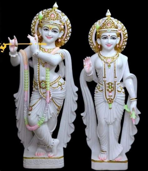 Painted Hindu White Radha Krishna Marble Statue For Worship Size 3