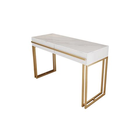 47 Rectangular White Office Desk With Drawers Marble Veneer Top Gold