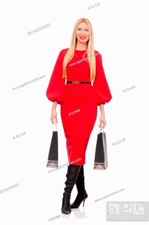 Beautiful Woman In Red Long Dress Isolated On White Stock Photo