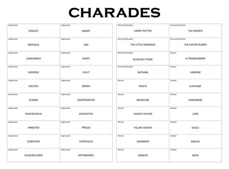 Printable Things To Act Out Charades Charades Words Charades Words