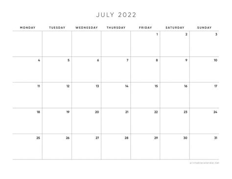July 2022 Calendar With Monday Start