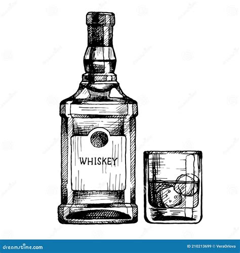 Hand Drawn Bottle Of Scotch Whiskey With A Glass Vector Beverage