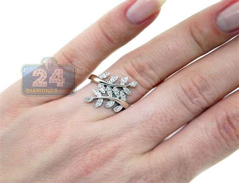 Victoria stone encrusted leaf ring. Womens 0.14 ct Diamond Double Leaf Ring 14K White Gold