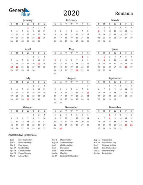 2020 Romania Calendar With Holidays