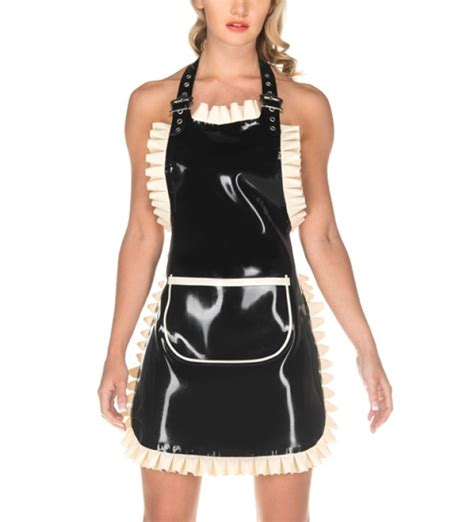 Sexy Womens Black Long Latex Apron Halter Style With White Trim Apron