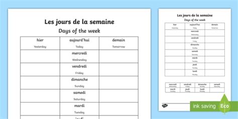 Worksheet : Days of the week - English/French (Teacher-Made)