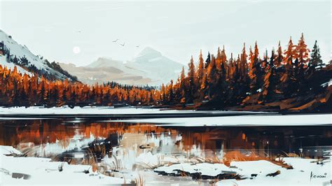 Wallpaper Landscape Forest Digital Art Lake Reflection Snow