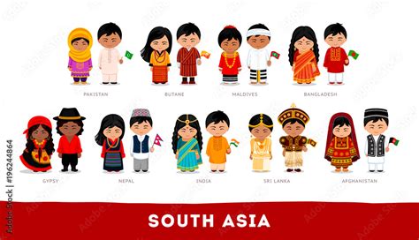 Asians In National Clothes South Asia Set Of Cartoon Characters In