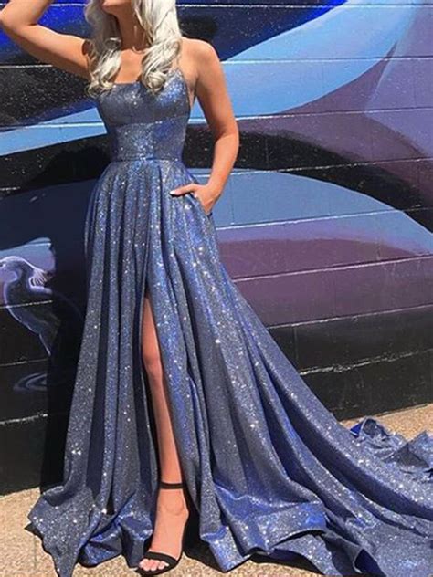 Sparkly Satin Royal Blue Split Prom Dresses Spaghetti Straps Cross Back Prom Dresses With