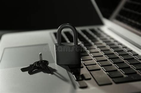 Metal Lock On Laptop Closeup Cyber Security Concept Stock Image