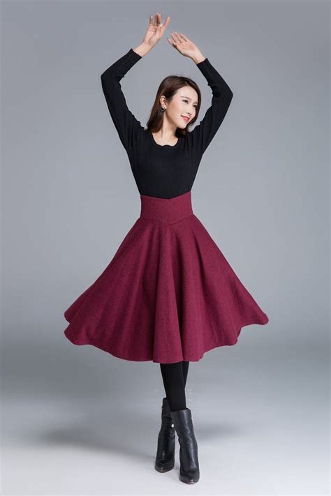 High Waist Flared Midi Skirt In Red Wool Skirt Circle Skirt Etsy
