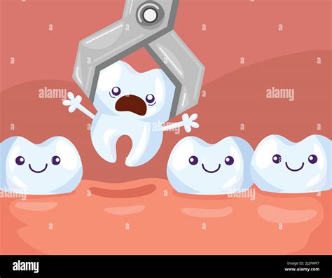 tooth removal cartoon vector illustration dental forceps pulling surprised tooth out of row of