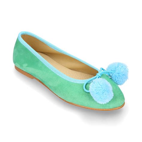 Soft Suede Leather Classic Ballet Flats With Pompons M118 Okaaspain