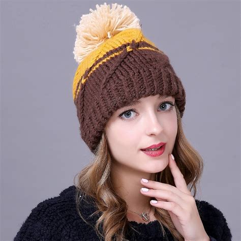 Womens Knitted Pompom Hat Female Autumn Winter Knitted Cap Students