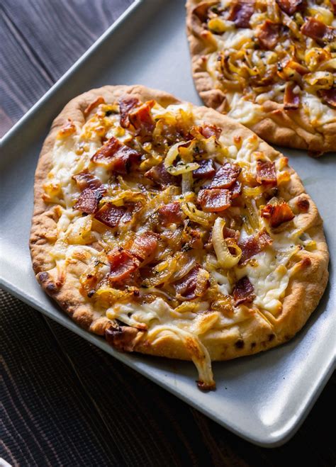 Caramelized Onion And Bacon Pizza Is Made With Naan Bread So You Dont
