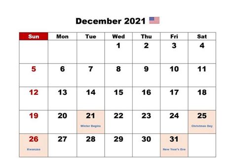 December 2021 Calendar With Holidays Holiday Calendar Printable