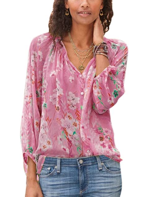 Lallc - Women's Floral 3/4 Sleeve Plus Size V Neck Casual Beach Peasant Tops - Walmart.com ...