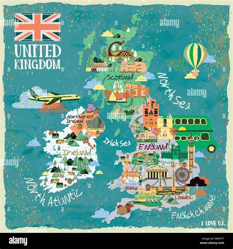 Attractive United Kingdom Travel Map With Famous Attractions Stock