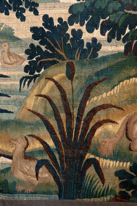 18th century artists draw animals. Verdure (lush, green) tapestry (detail), manufactured by Aubusson, France, 18th century ...