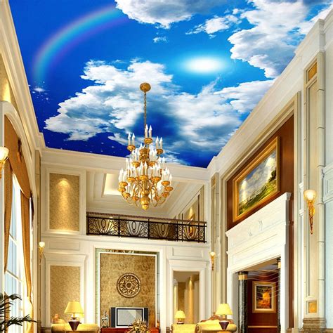 Custom Large Ceiling Mural Wallpaper Blue Sky And White Clouds Rainbow