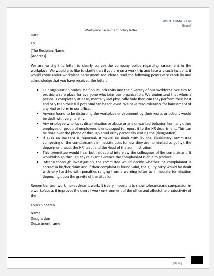 Workplace Harassment Policy Letter Document Home