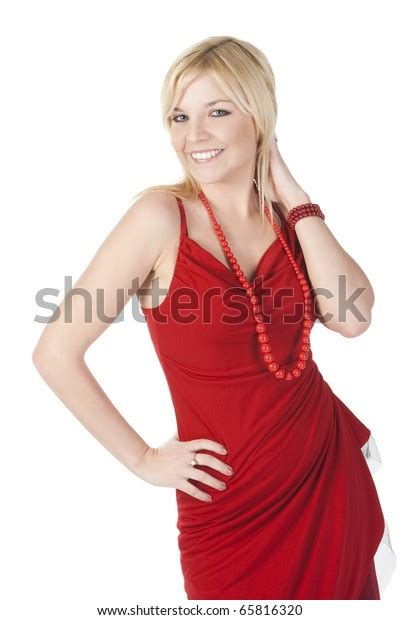 Sexy Blonde Woman Posing Red Dress 스톡 사진 65816320 Shutterstock