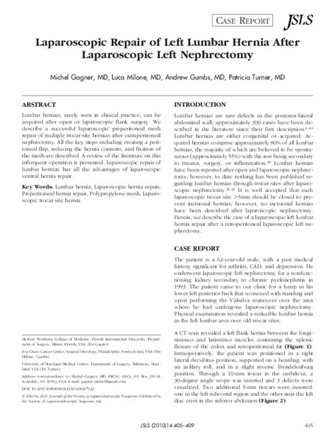 Pdf Laparoscopic Repair Of Left Lumbar Hernia After Laparoscopic Left Nephrectomy Andrew