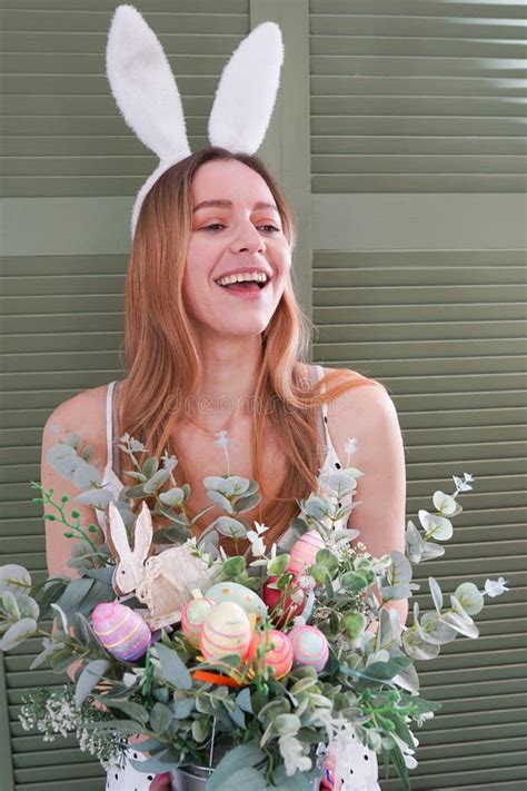 Beautiful Woman Wearing Bunny Ears Poses At Home Happy Easter