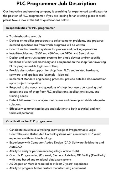 Plc Programmer Job Description Velvet Jobs