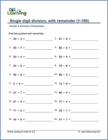 grade  division worksheet single digit division  remainder