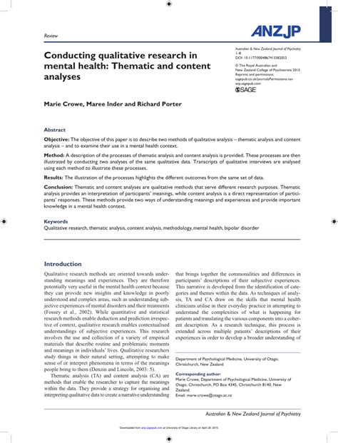 Pdf Conducting Qualitative Research In Mental Health Thematic And