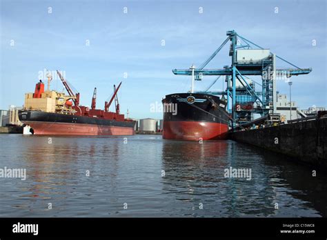 Ships Unloading Cargo At Liverpool Docks Uk Stock Photo Alamy