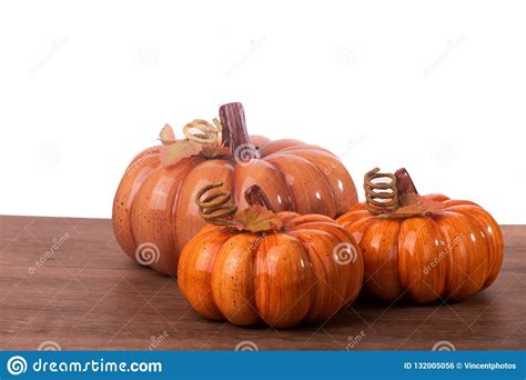 Trio Of Pumpkins On Table Top Stock Photo Image Of Wooden Table