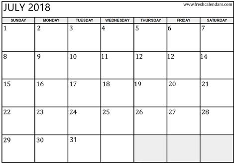 The blank printable july 2021 calendar will help you to organize your activities and even to save money because it is free to download from our website. July 2018 Calendar Printable