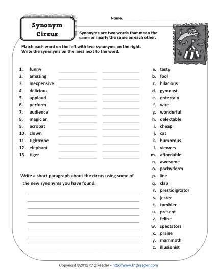 synonym circus    grade worksheets kindergarten worksheets
