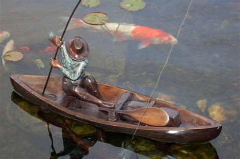 Fisherman Bronze Sculpture Fishing Koi Pond Boat