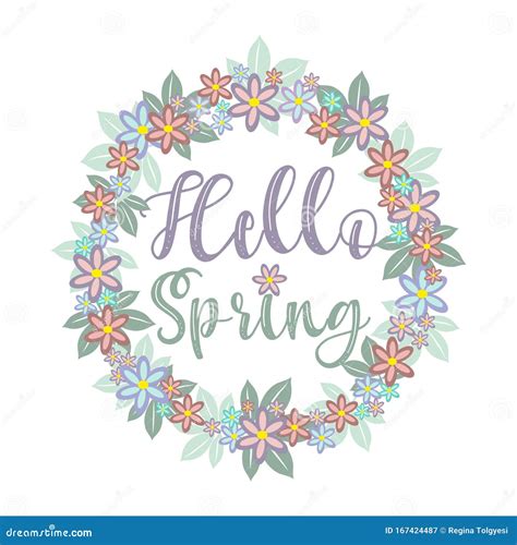 Hello Spring Calligraphy With Flowers Wreath Stock Vector