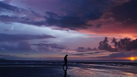 944690 Evening Nature Sunset Beach Water Alone Walking Sea Sky Artwork Clouds