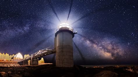 Starry Night From Behind The Marshall Point Lighthouse In Maine Port Clyde Usa Desktop Hd